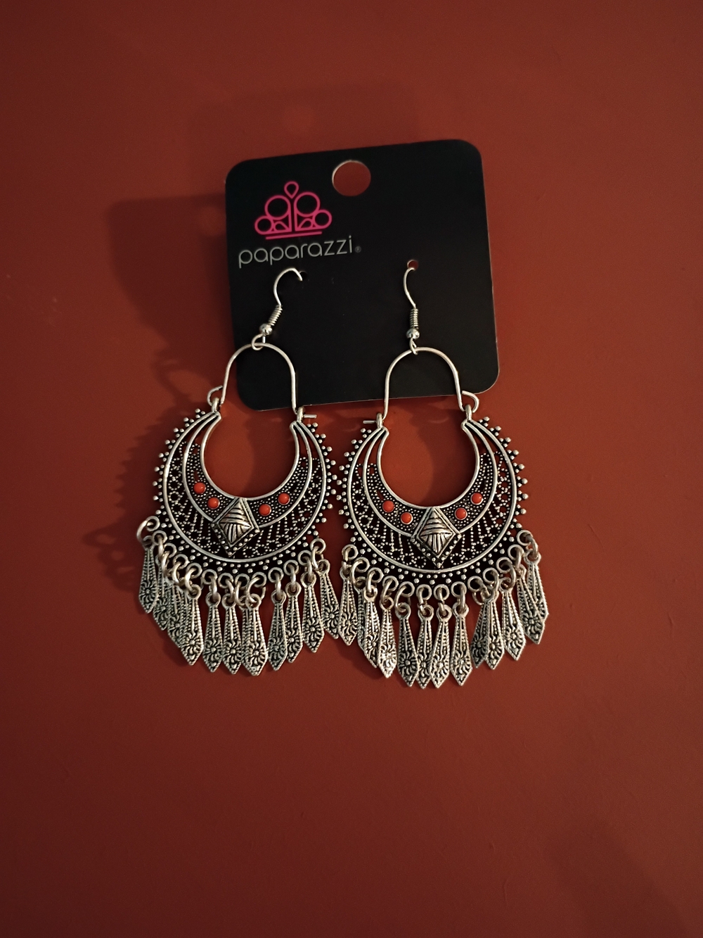 Paparazzi Silver-Tone Boho Fringe Earrings with Red Accents
